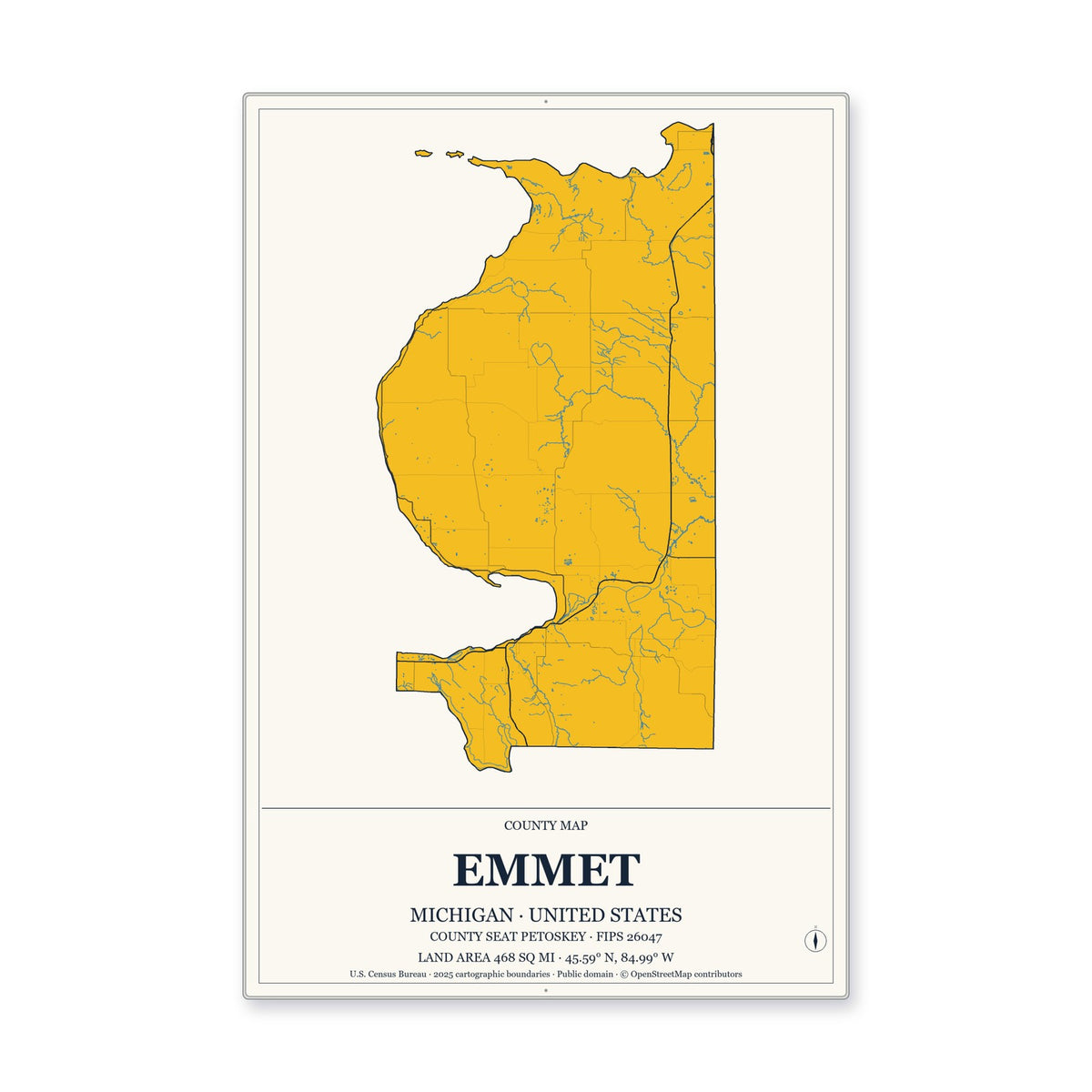 Emmet County, Michigan Map Aluminum Sign in Citrine Modern style