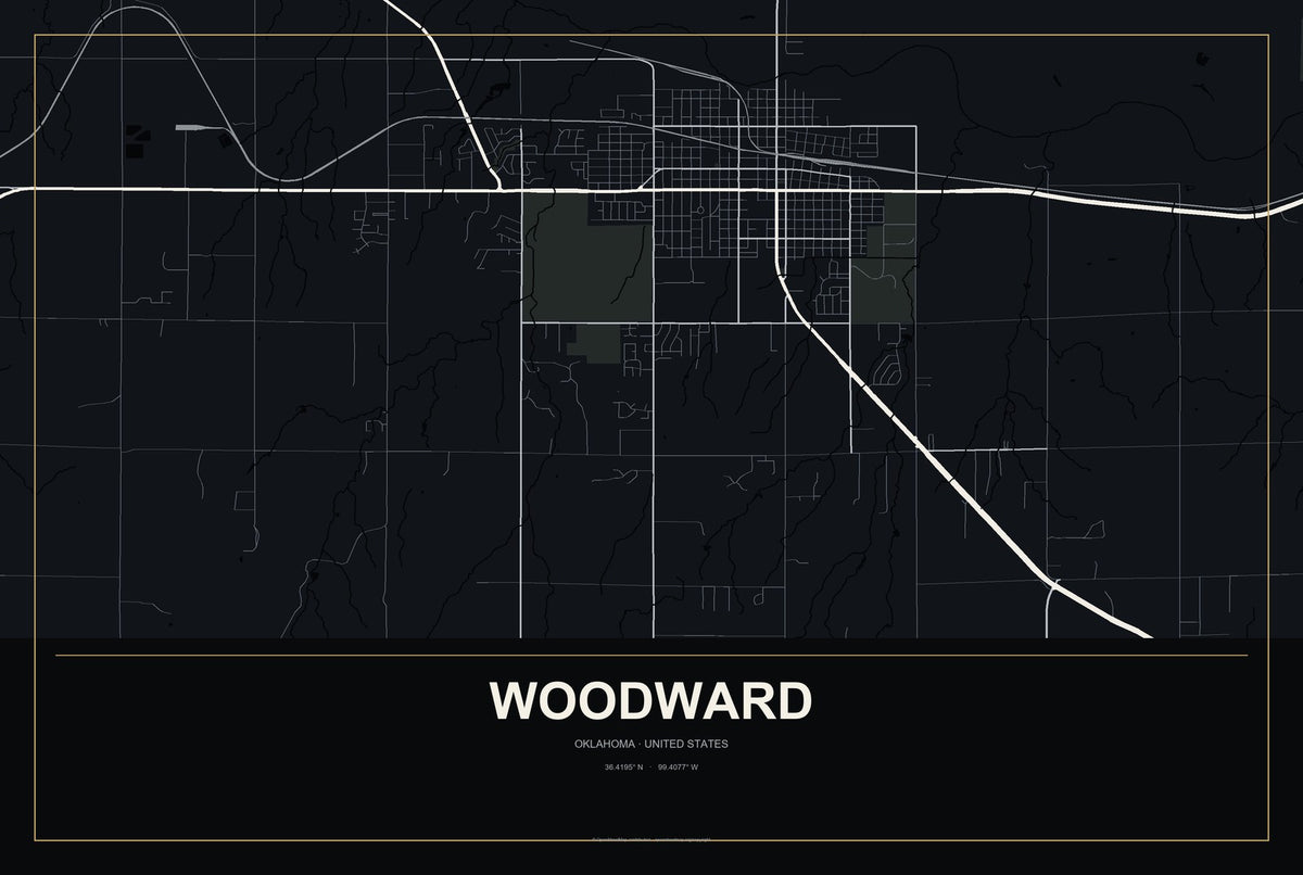 Woodward, Oklahoma City Map Aluminum Sign in Metropolitan Noir style