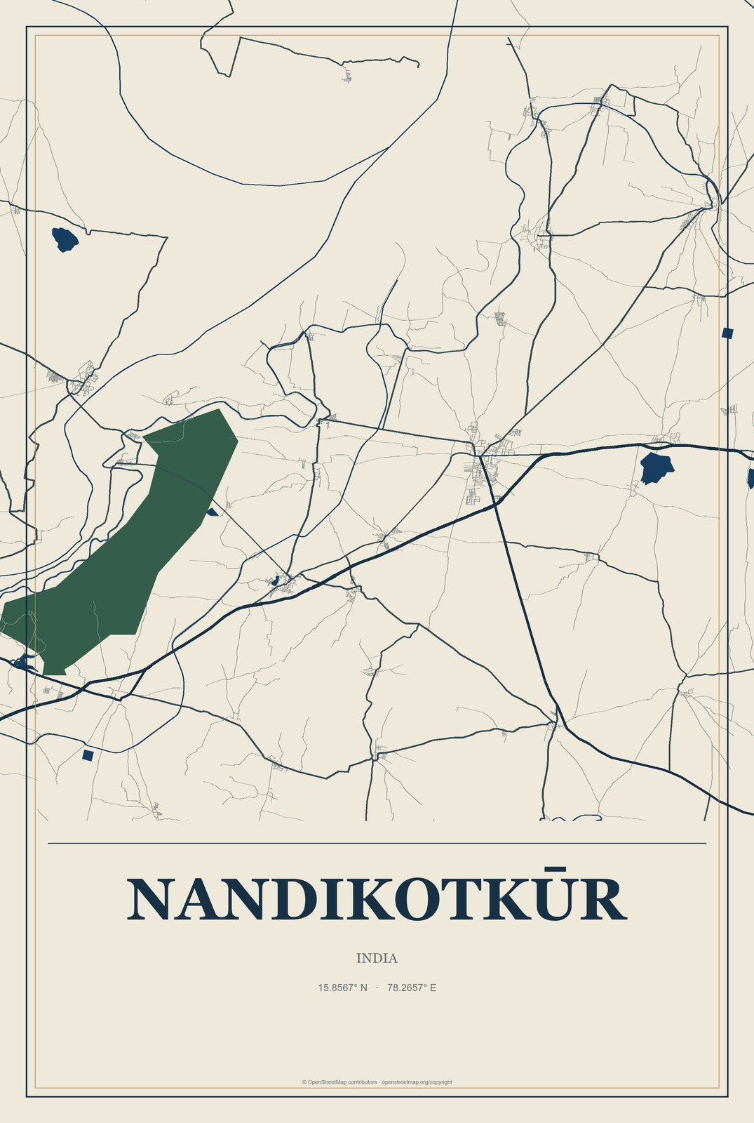 Nandikotkūr, India City Map Aluminum Sign in Coastal Cutout style