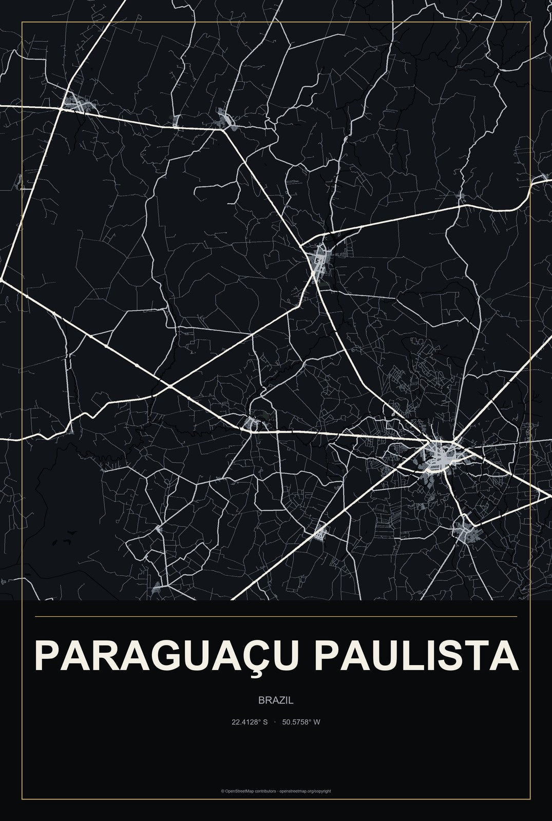 Paraguaçu Paulista, Brazil City Map Aluminum Sign in Metropolitan Noir style