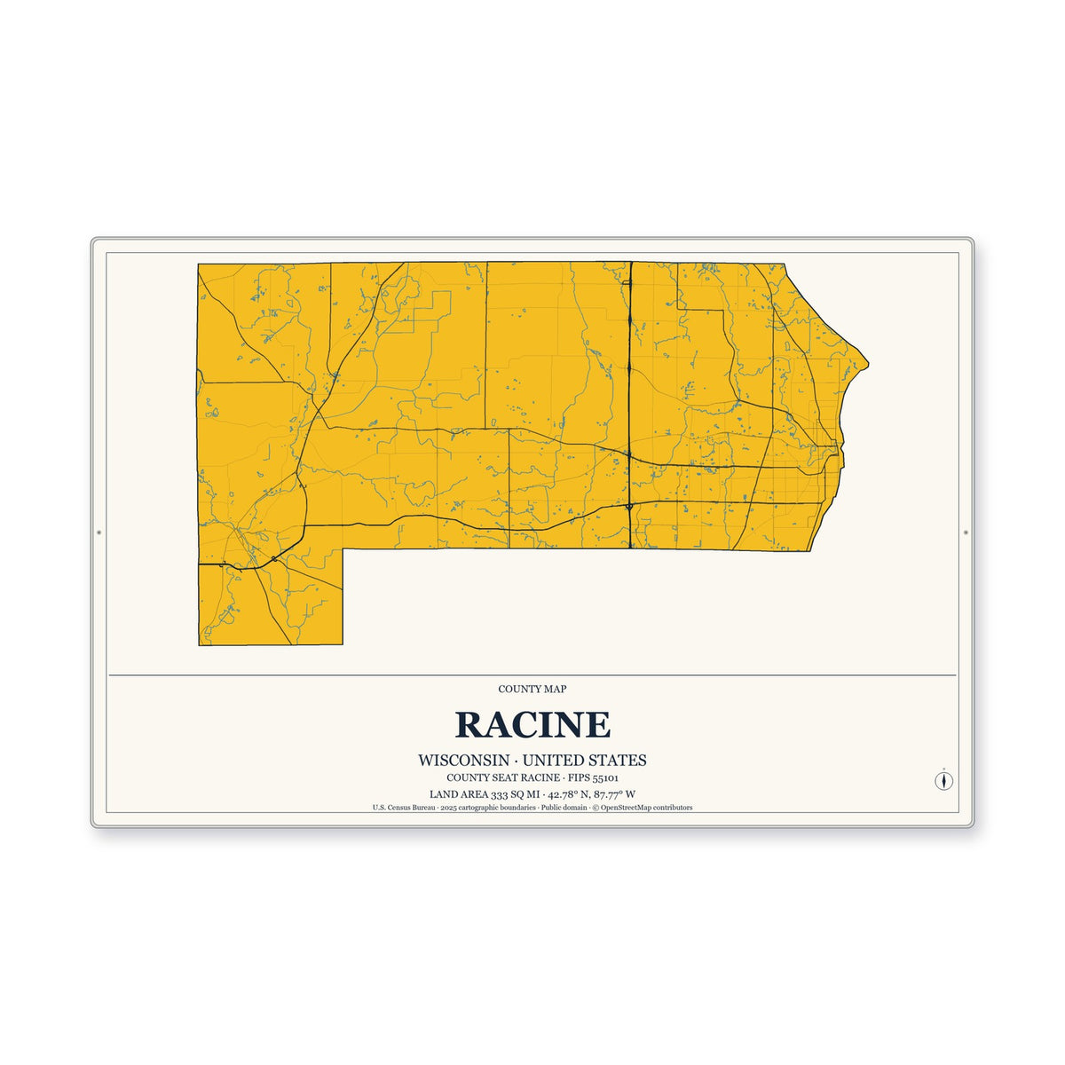 Racine County, Wisconsin Map Aluminum Sign in Citrine Modern style