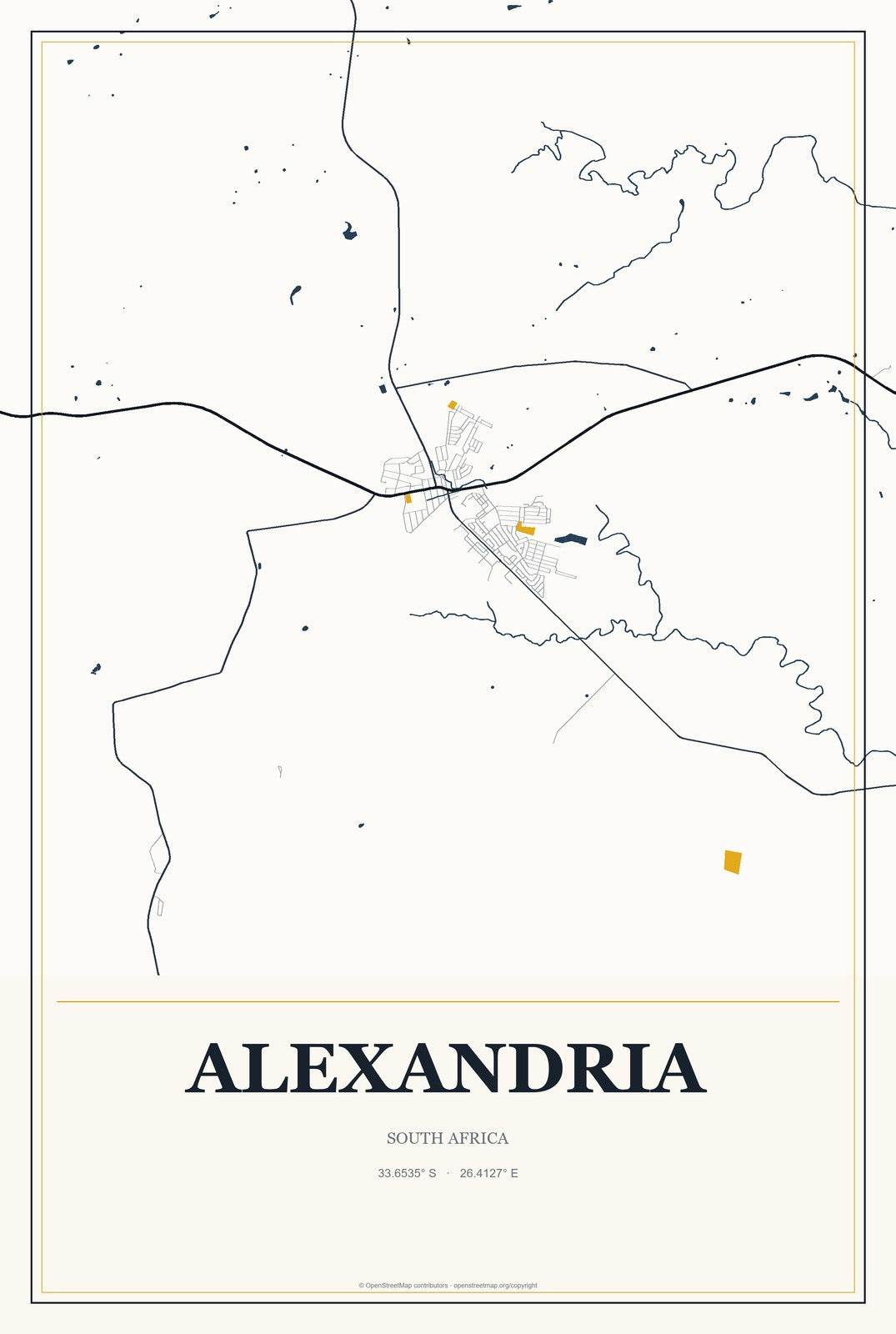 Alexandria, South Africa City Map Aluminum Sign in Citrine Modern style