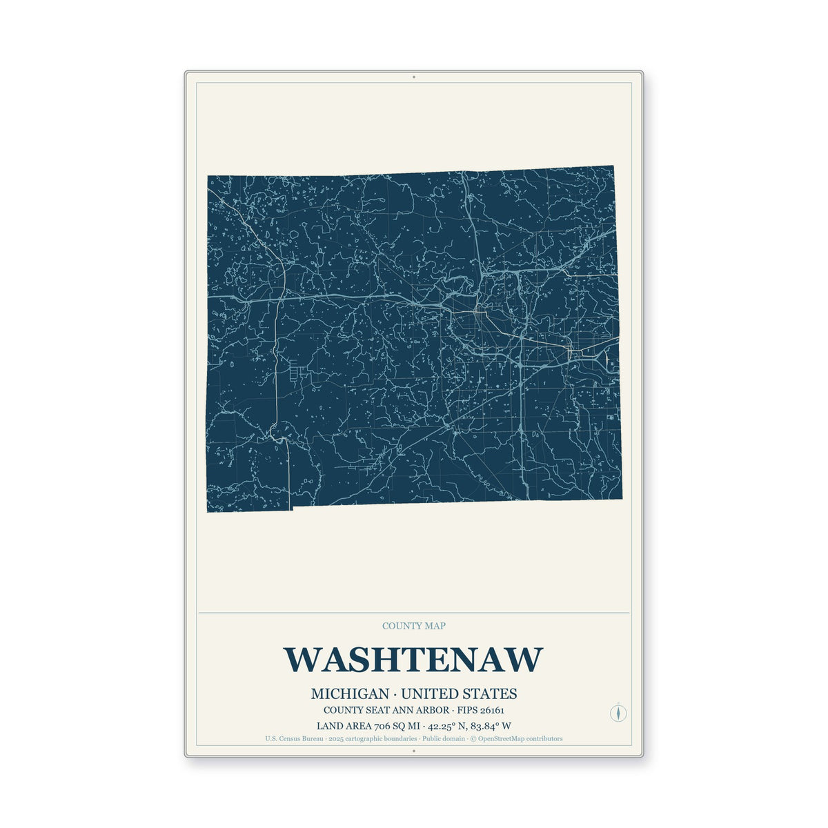 Washtenaw County, Michigan Map Aluminum Sign in Coastal Cutout style