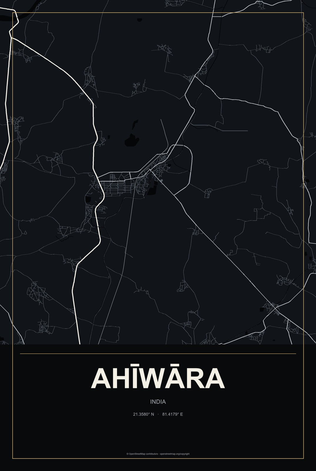 Ahīwāra, India City Map Aluminum Sign in Metropolitan Noir style