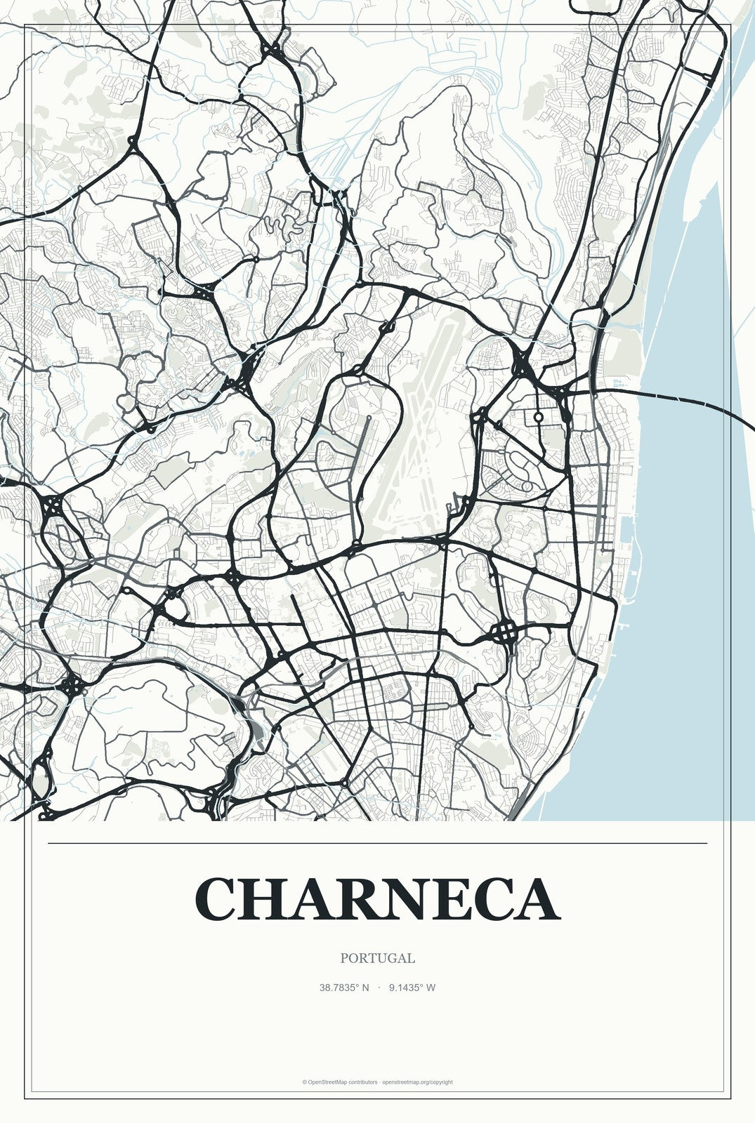 Charneca, Portugal City Map Aluminum Sign in Gallery Air style