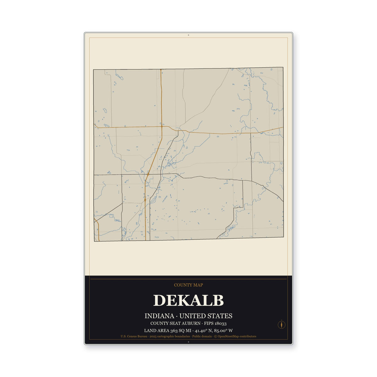 DeKalb County, Indiana Map Aluminum Sign in Museum Plaque style