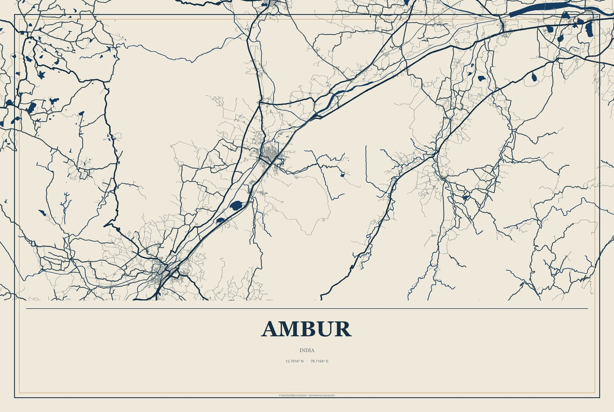 Ambur, India City Map Aluminum Sign in Coastal Cutout style