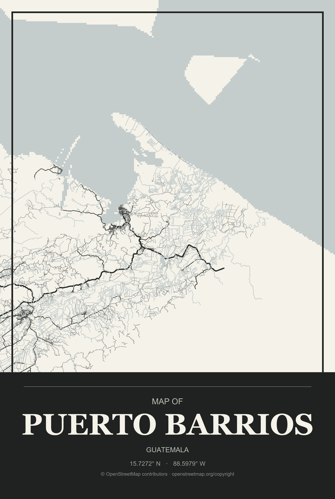 Puerto Barrios, Guatemala City Map Aluminum Sign in Museum Plaque style