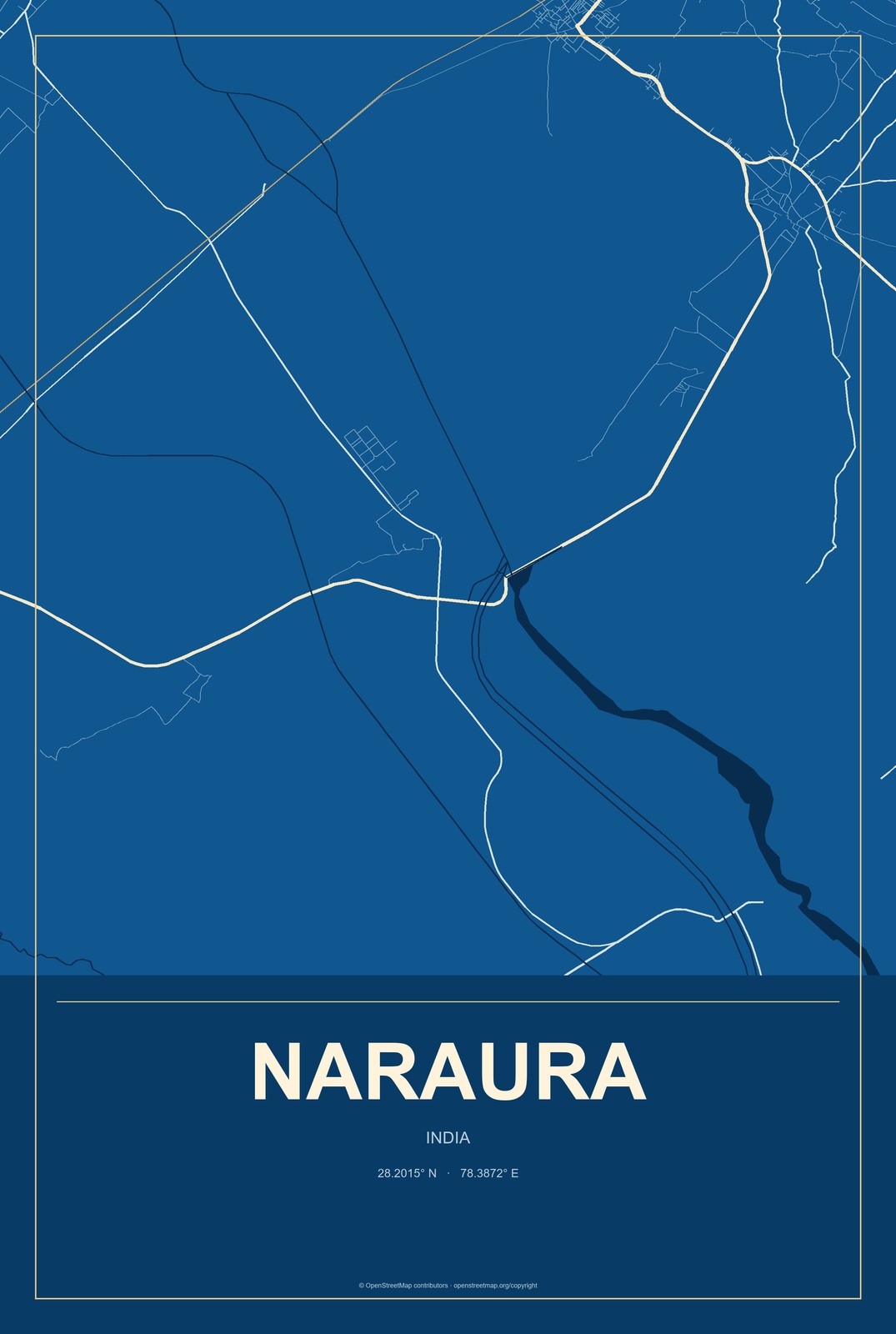Naraura, India City Map Aluminum Sign in Harbor Cobalt style