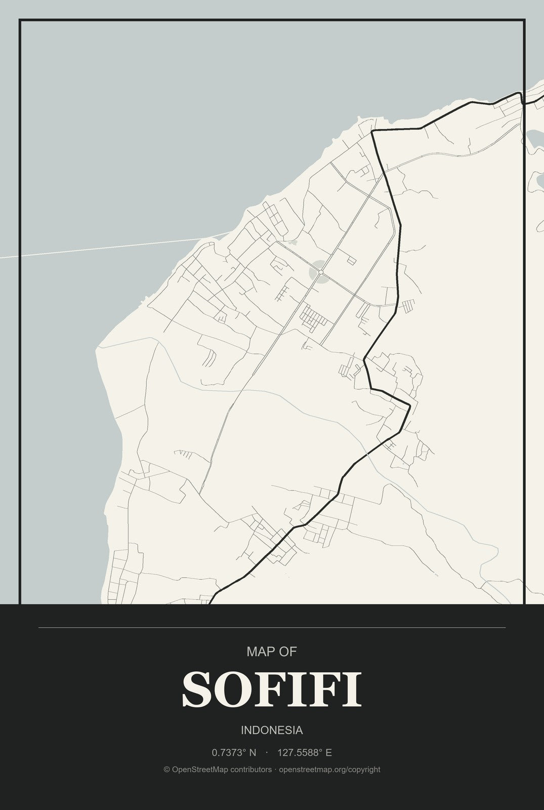 Sofifi, Indonesia City Map Aluminum Sign in Museum Plaque style