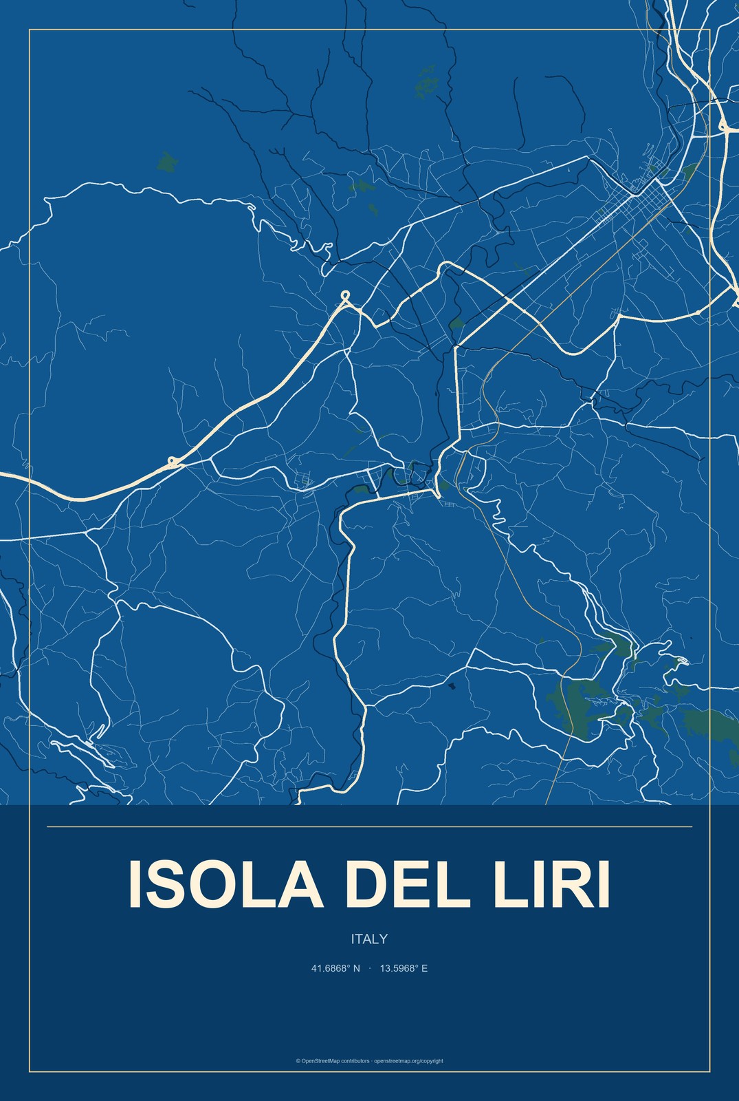 Isola del Liri, Italy City Map Aluminum Sign in Harbor Cobalt style