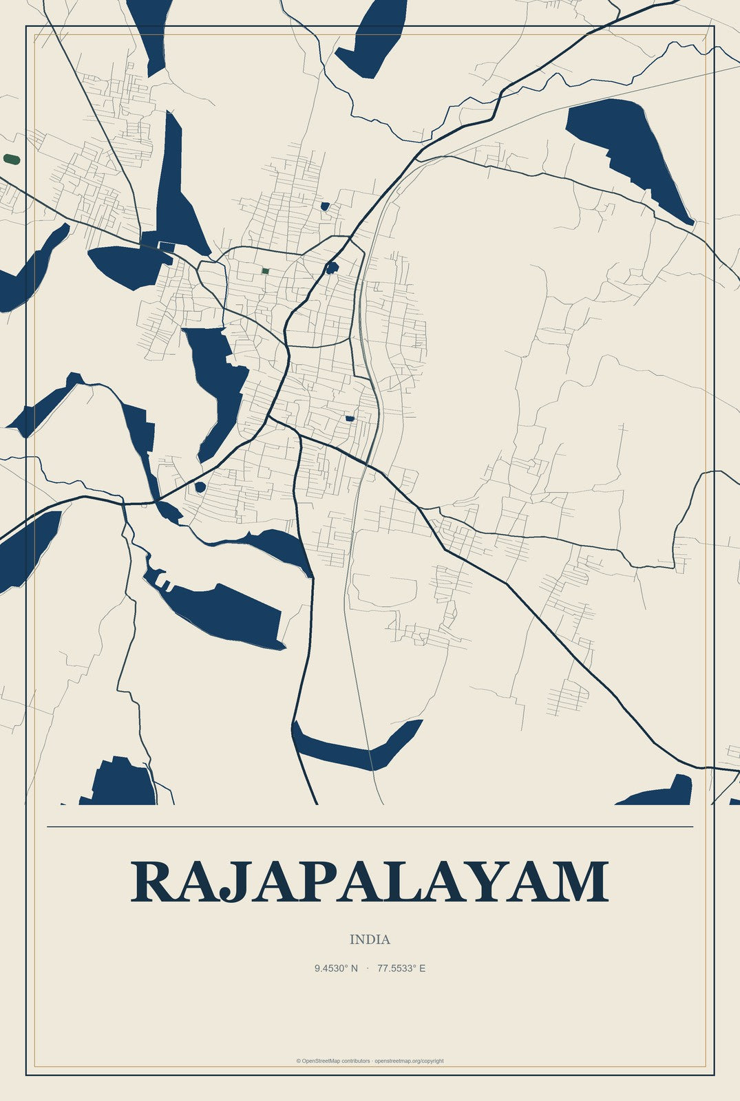 Rajapalayam, India City Map Aluminum Sign in Coastal Cutout style