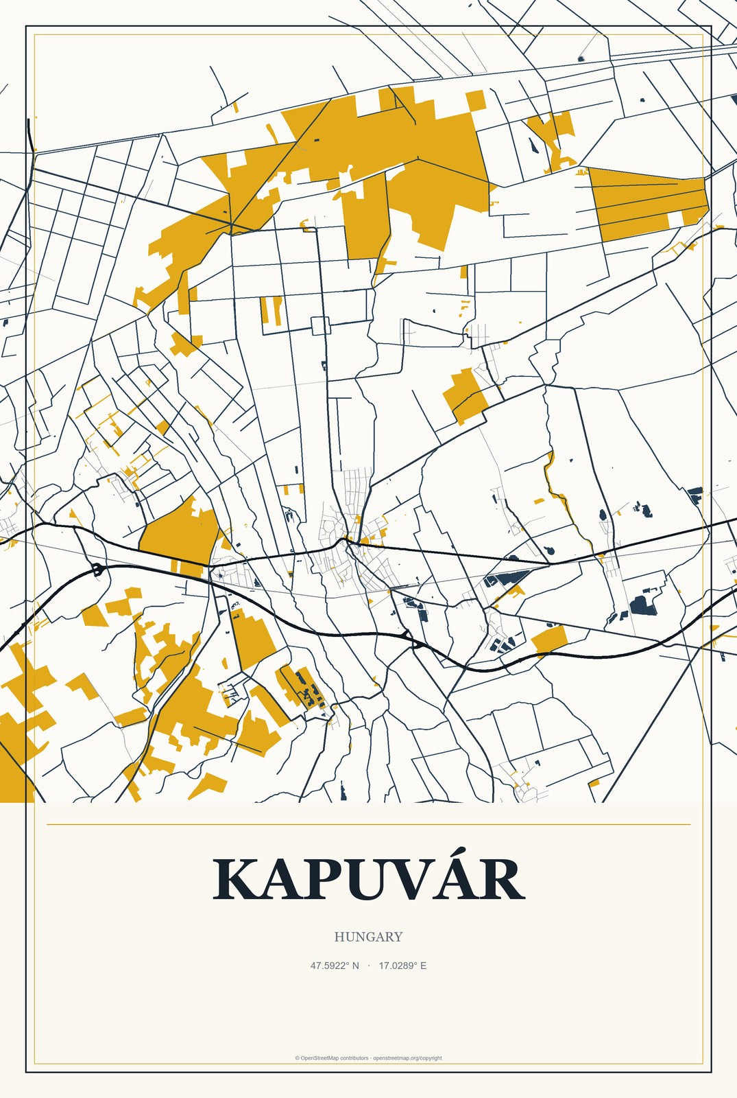 Kapuvár, Hungary City Map Aluminum Sign in Citrine Modern style