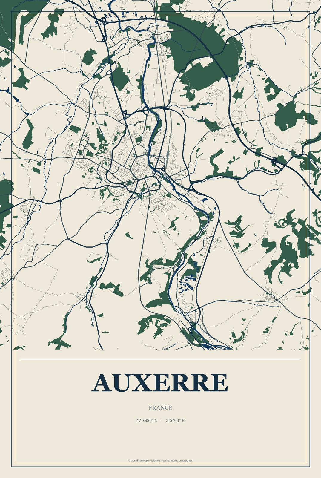 Auxerre, France City Map Aluminum Sign in Coastal Cutout style