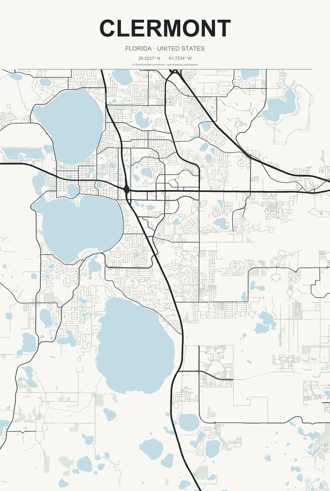 Clermont, Florida City Map Aluminum Sign in Headline Atlas style
