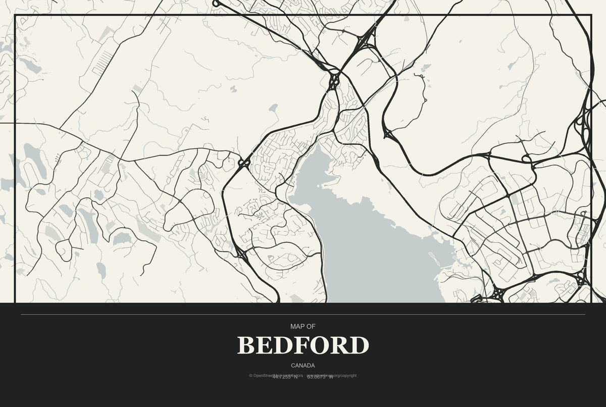 Bedford, Canada City Map Aluminum Sign in Museum Plaque style