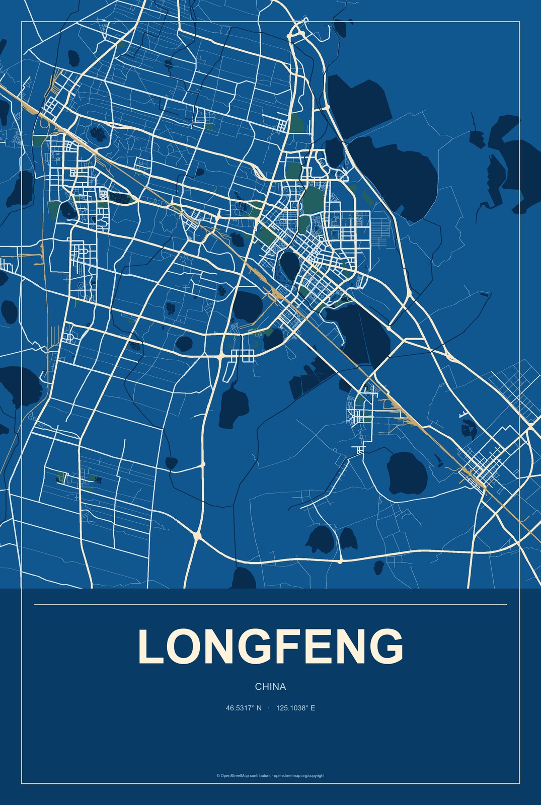 Longfeng, Chongqing, China City Map Aluminum Sign in Harbor Cobalt style