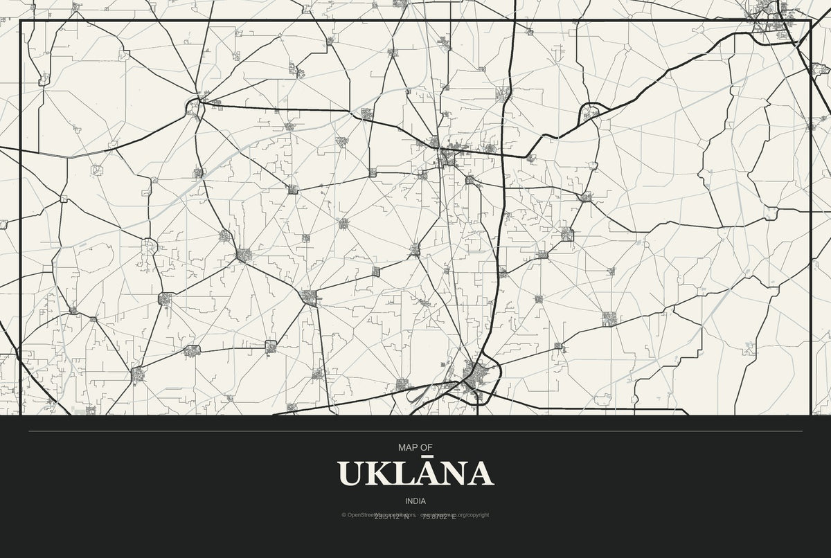 Uklāna, India City Map Aluminum Sign in Museum Plaque style