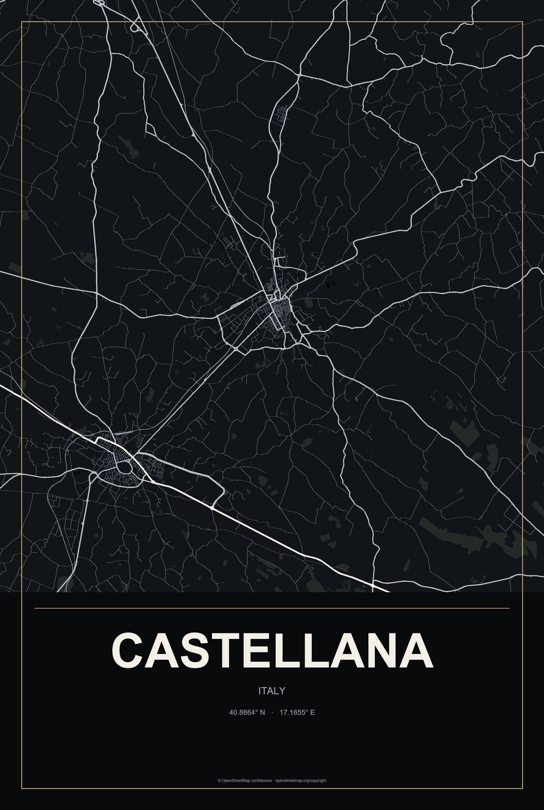 Castellana, Italy City Map Aluminum Sign in Metropolitan Noir style
