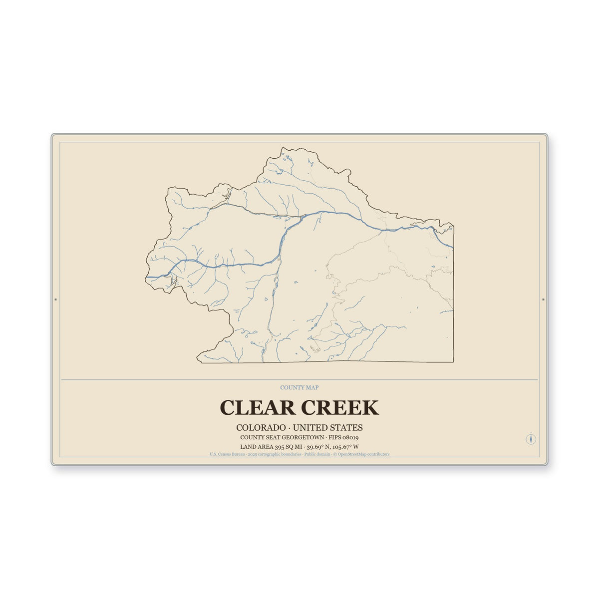 Clear Creek County, Colorado Map Aluminum Sign in Heritage Nautical style