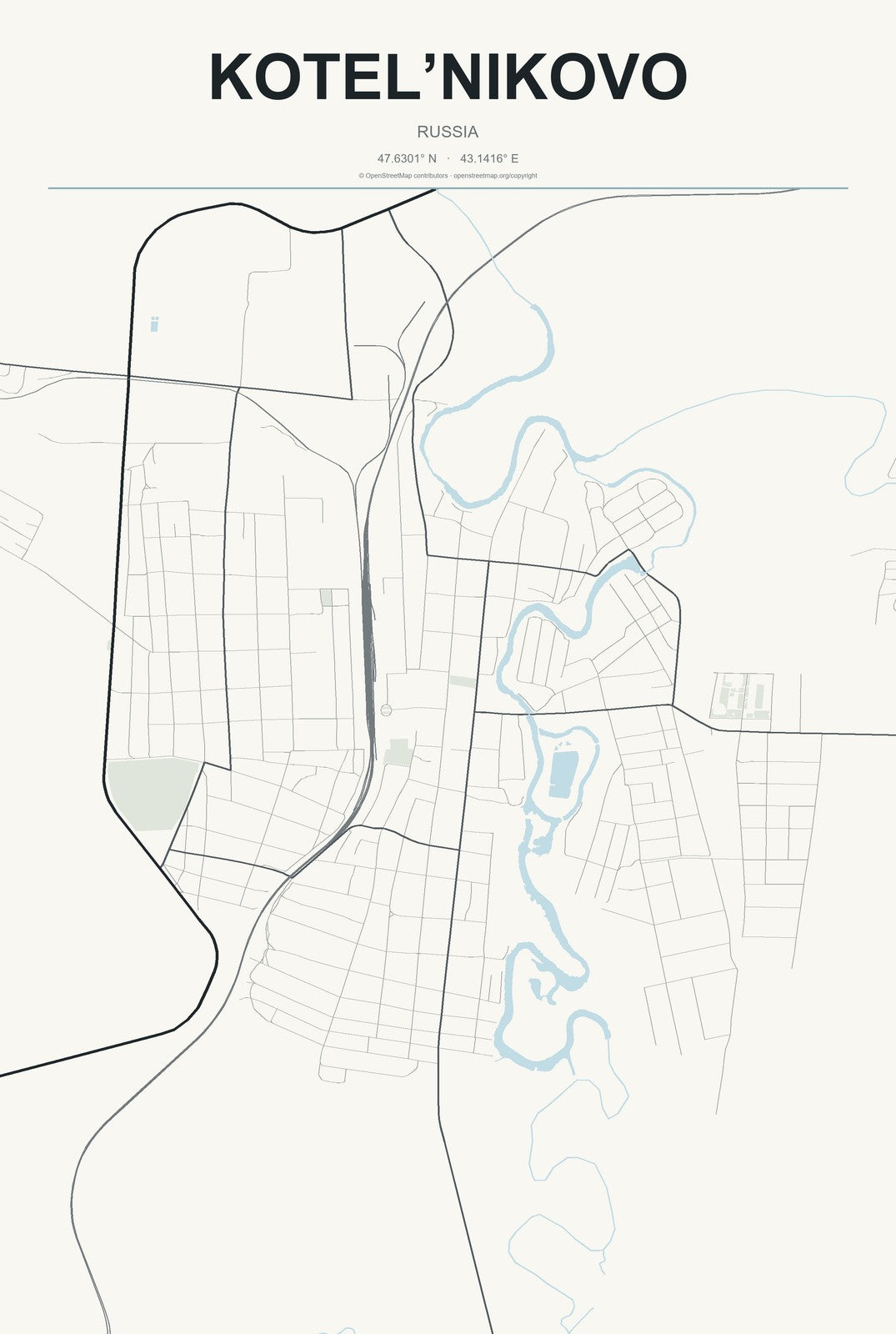 Kotel’nikovo, Russia City Map Aluminum Sign in Headline Atlas style