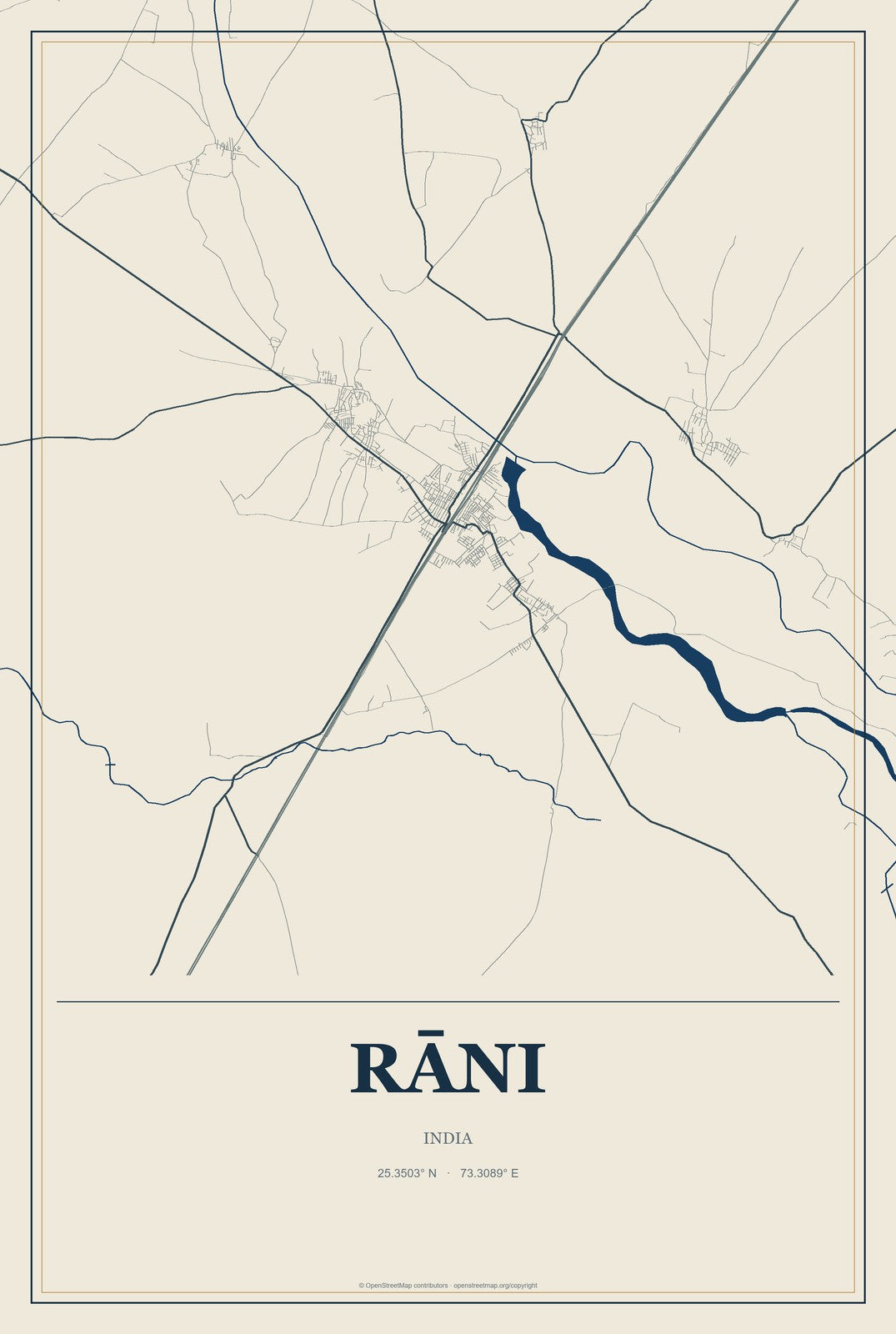 Rāni, India City Map Aluminum Sign in Coastal Cutout style