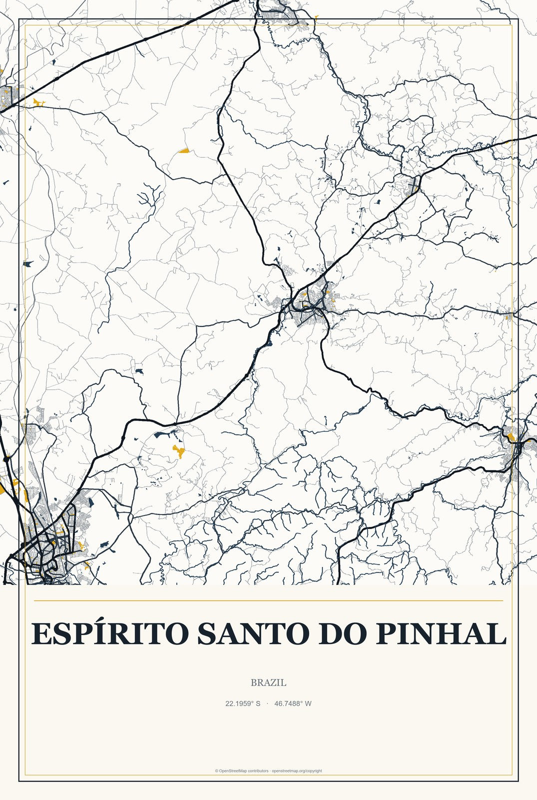 Espírito Santo do Pinhal, Brazil City Map Aluminum Sign in Citrine Modern style