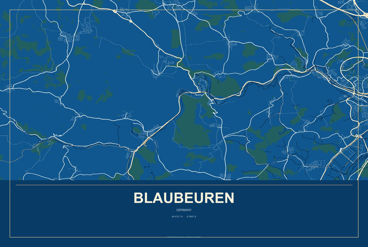 Blaubeuren, Germany City Map Aluminum Sign in Harbor Cobalt style