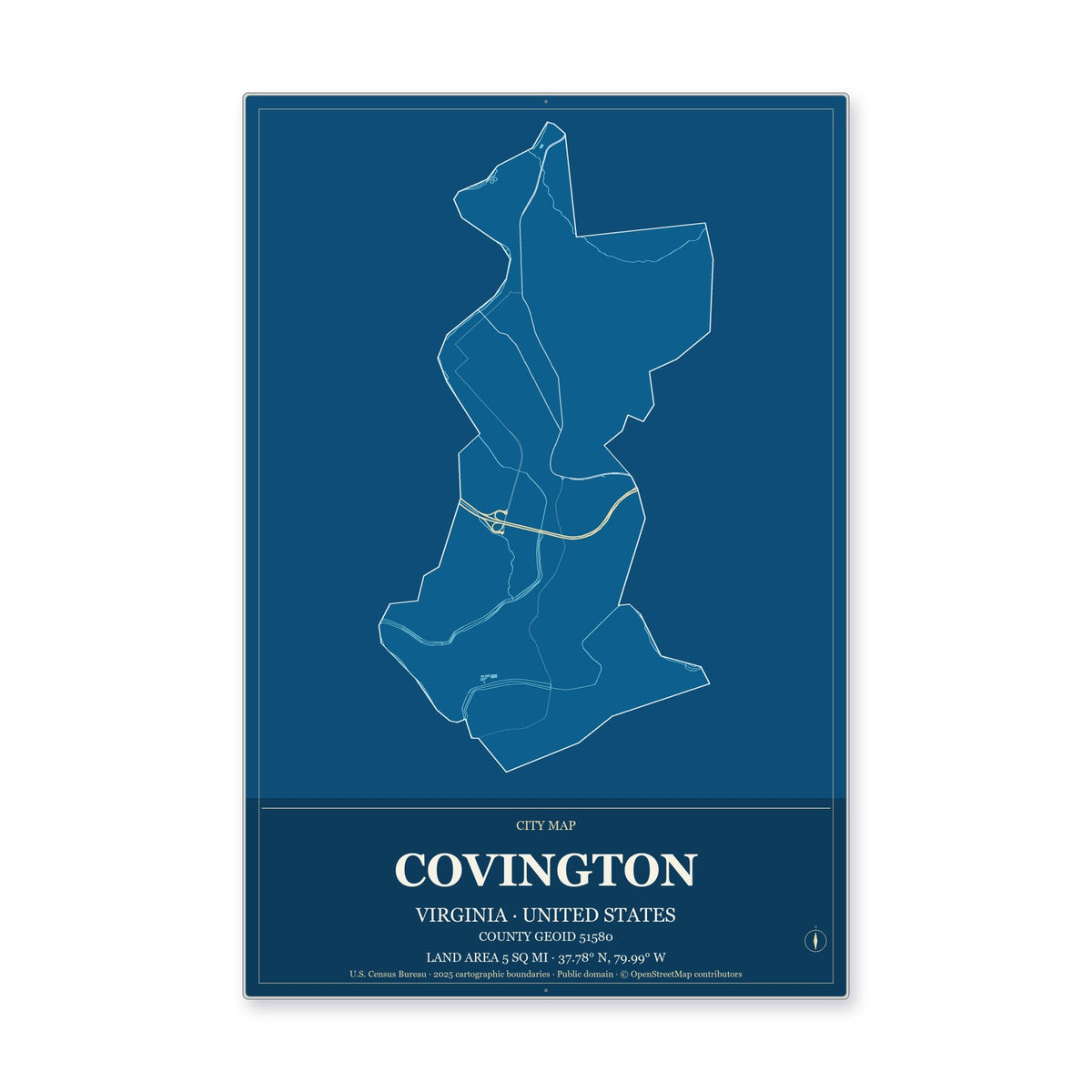 Covington city, Virginia Map Aluminum Sign in Harbor Cobalt style