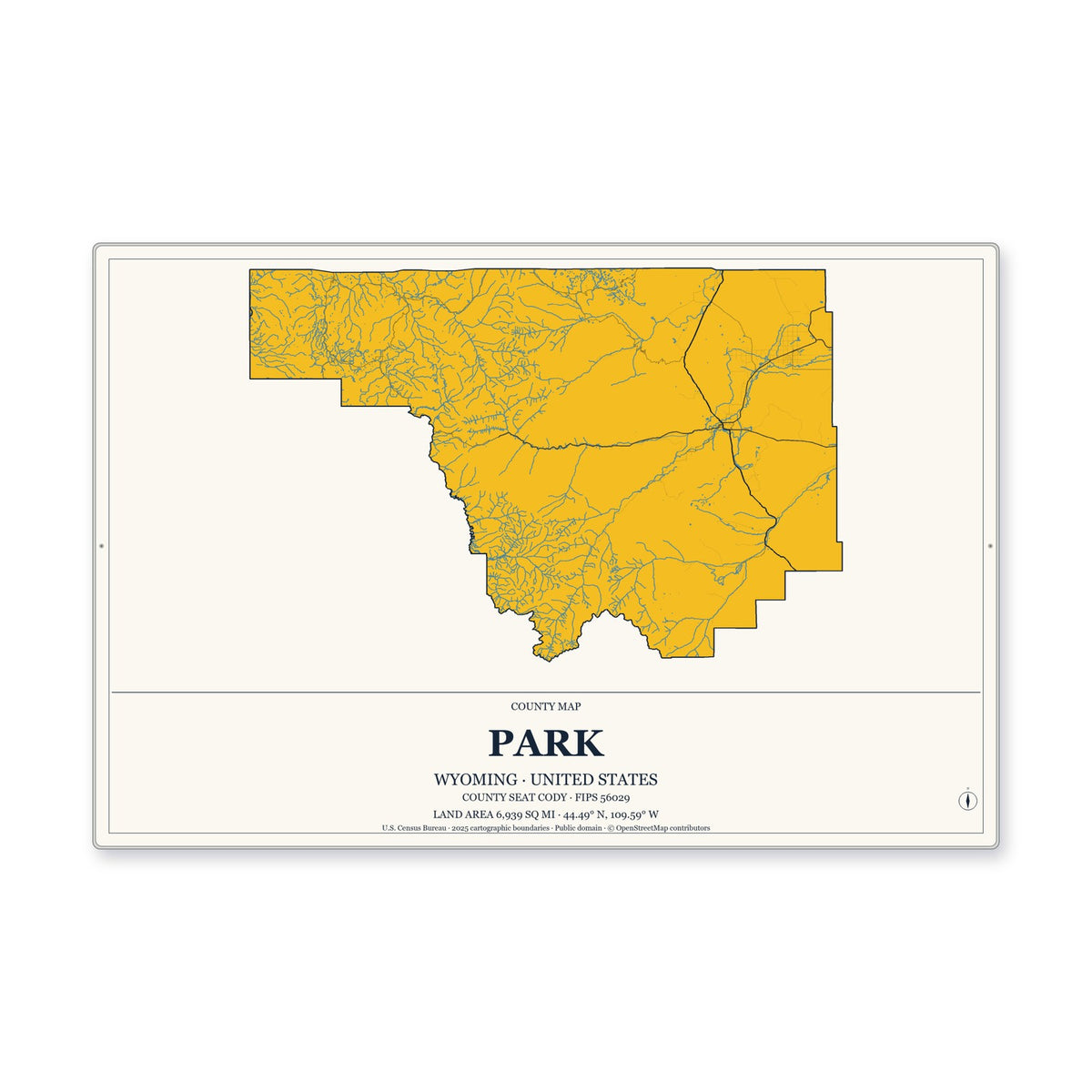 Park County, Wyoming Map Aluminum Sign in Citrine Modern style