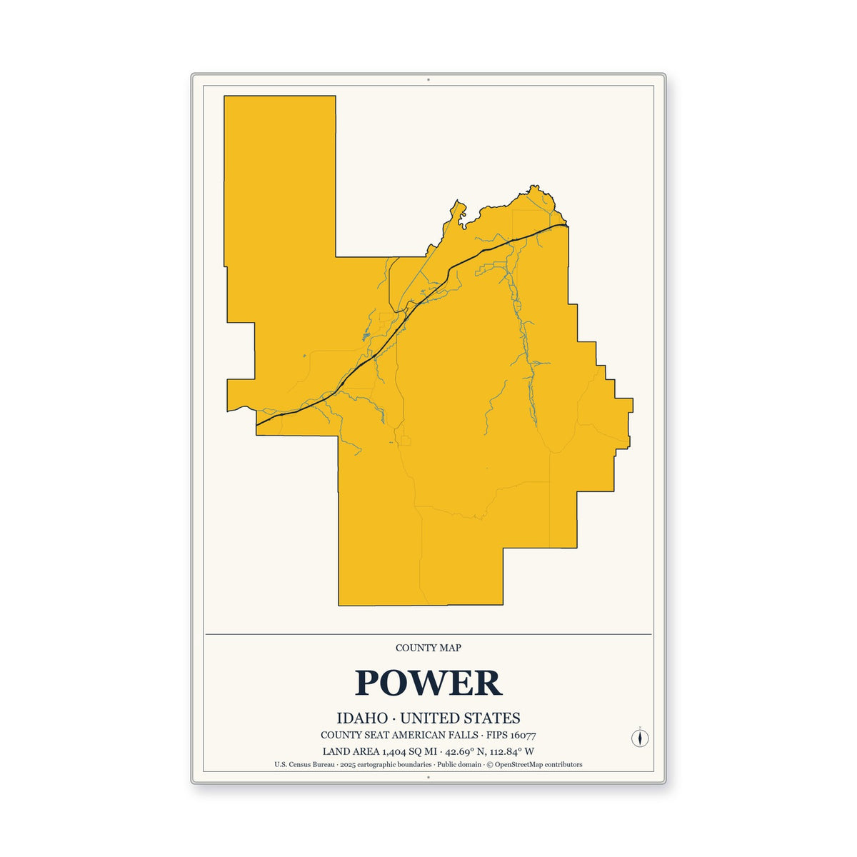 Power County, Idaho Map Aluminum Sign in Citrine Modern style