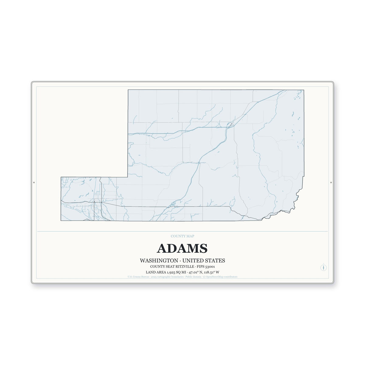 Adams County, Washington Map Aluminum Sign in Gallery Air style