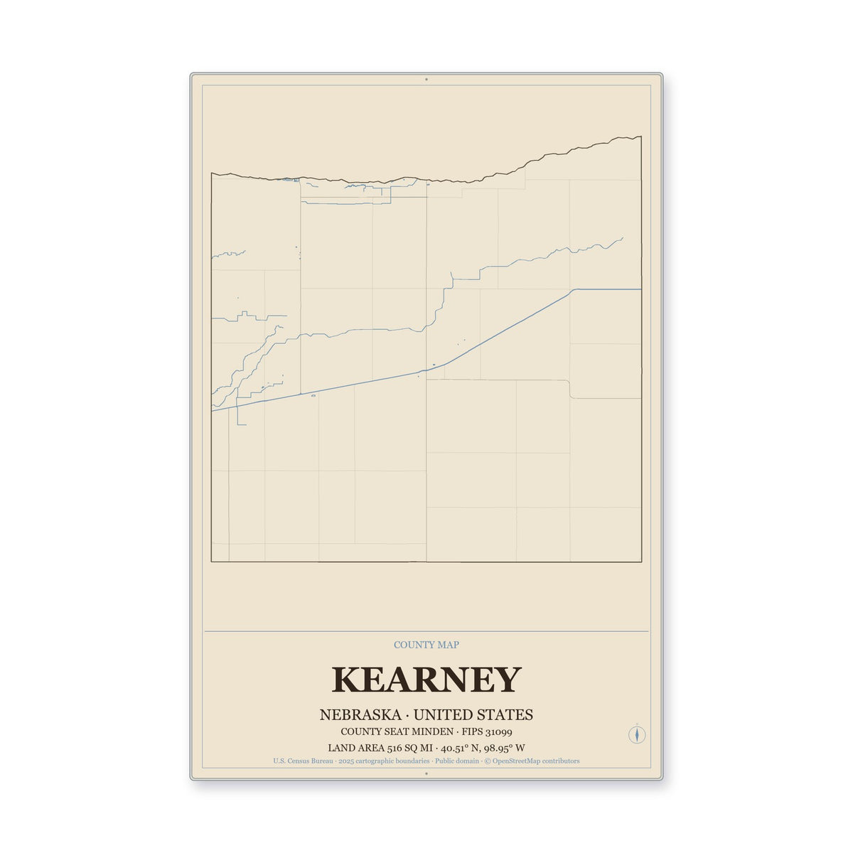 Kearney County, Nebraska Map Aluminum Sign in Heritage Nautical style