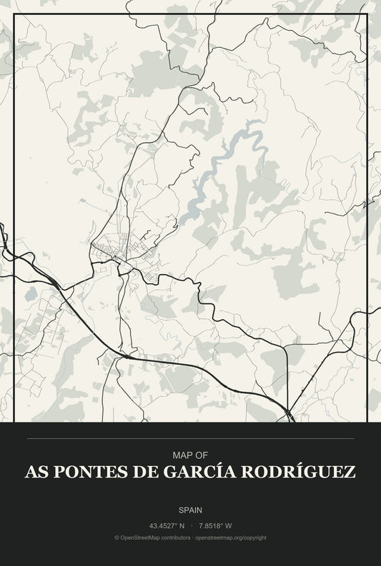 As Pontes de García Rodríguez, Spain City Map Aluminum Sign in Museum Plaque style