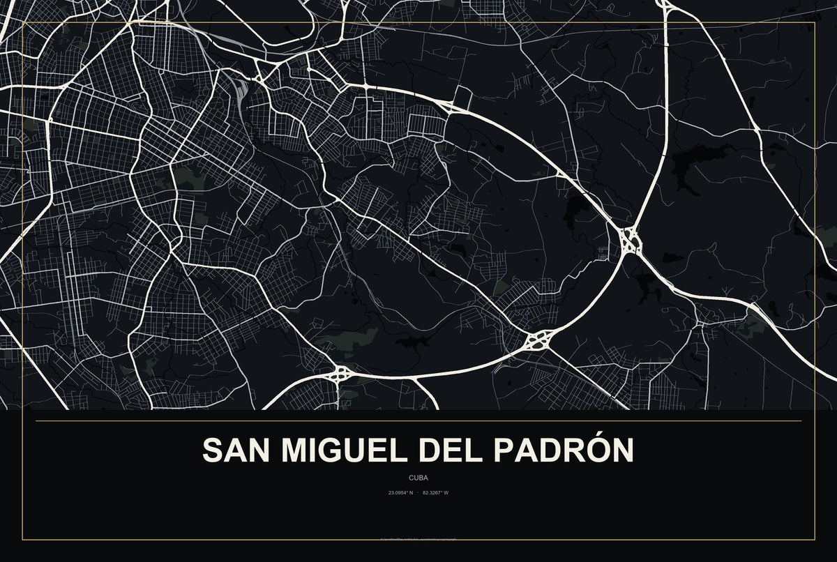 San Miguel del Padrón, Cuba City Map Aluminum Sign in Metropolitan Noir style