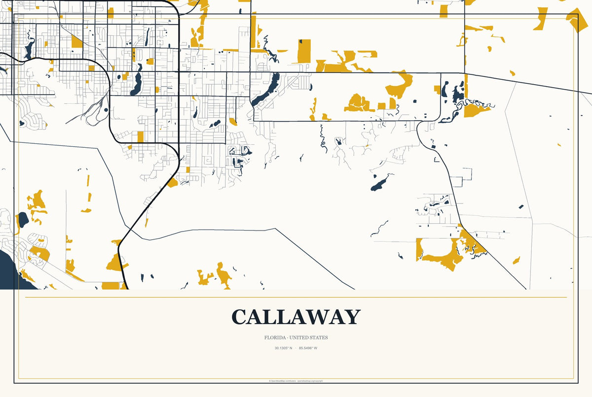 Callaway, Florida City Map Aluminum Sign in Citrine Modern style