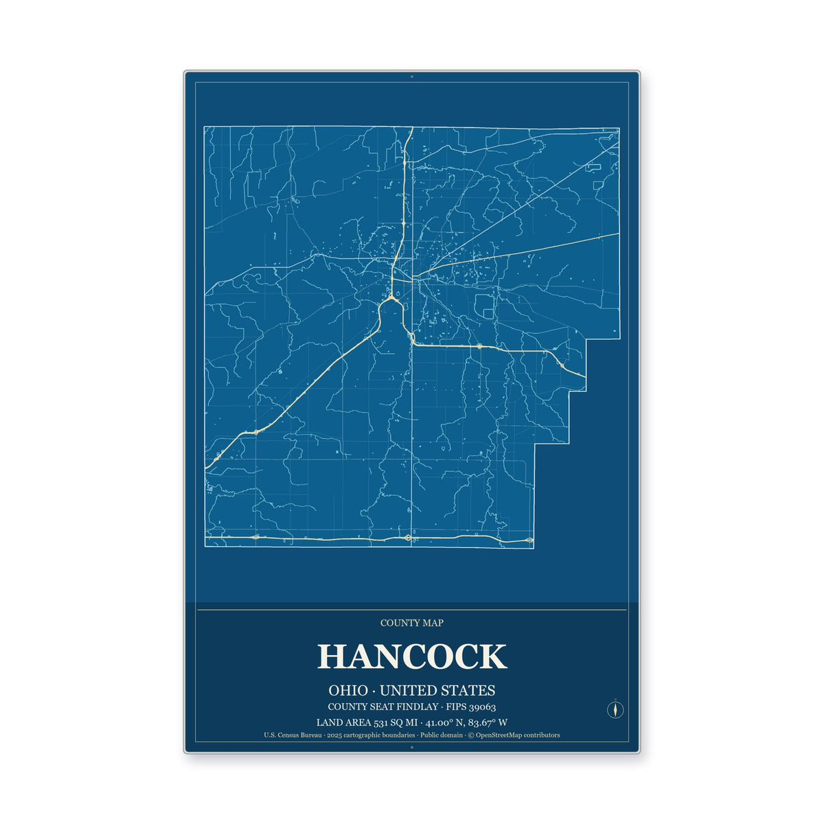Hancock County, Ohio Map Aluminum Sign in Harbor Cobalt style