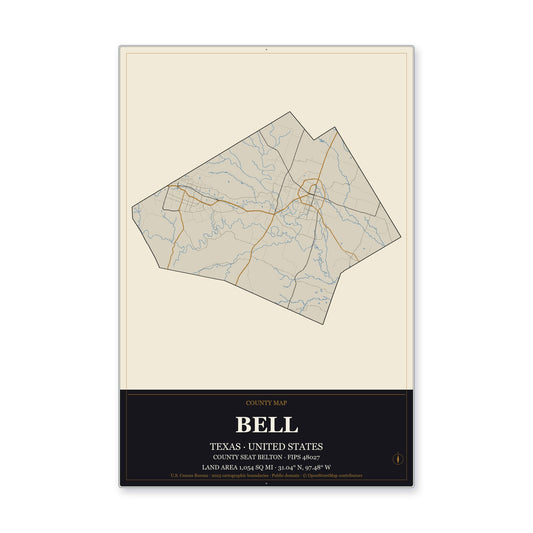 Bell County, Texas Map Aluminum Sign in Museum Plaque style