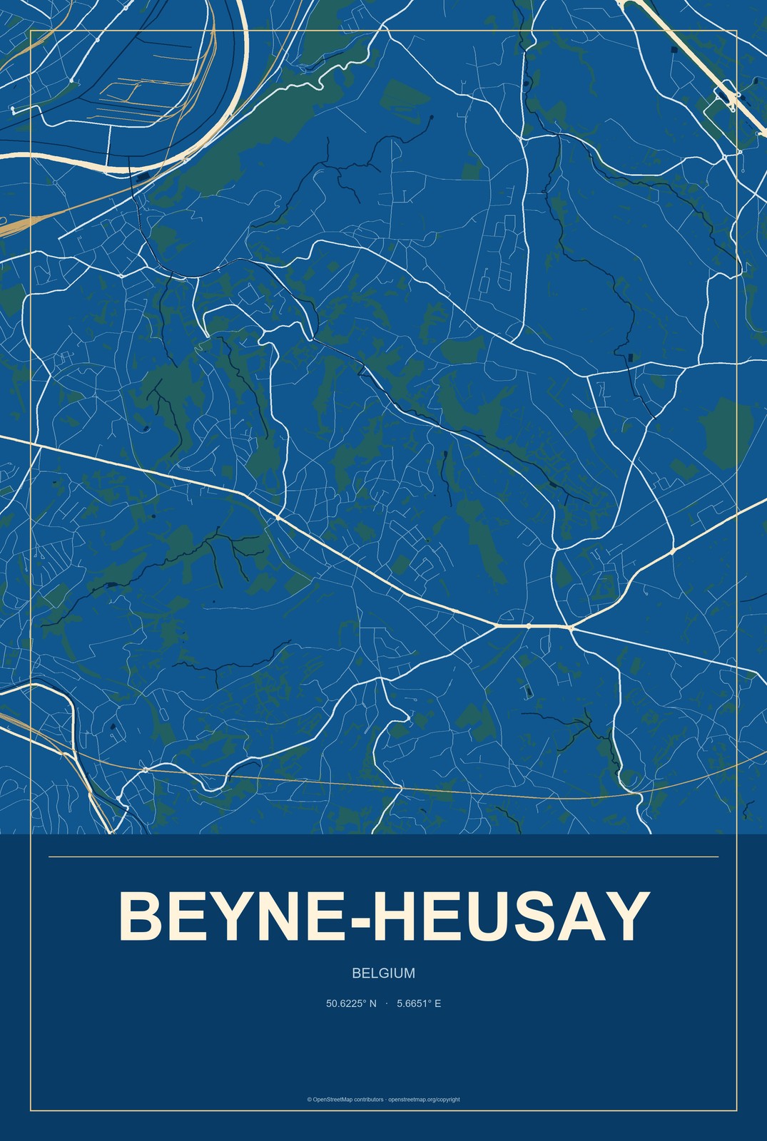 Beyne-Heusay, Belgium City Map Aluminum Sign in Harbor Cobalt style