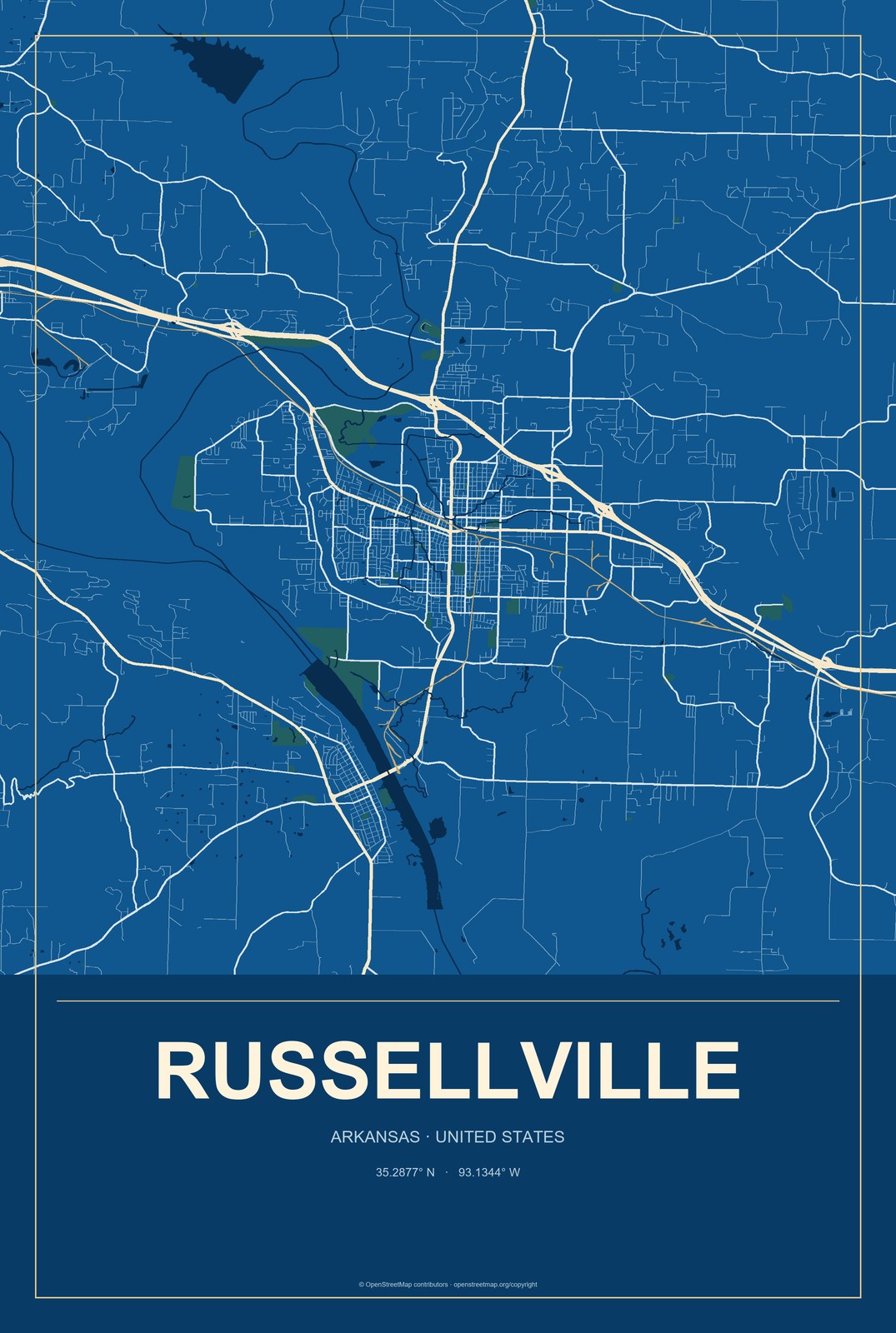 Russellville, Arkansas City Map Aluminum Sign in Harbor Cobalt style
