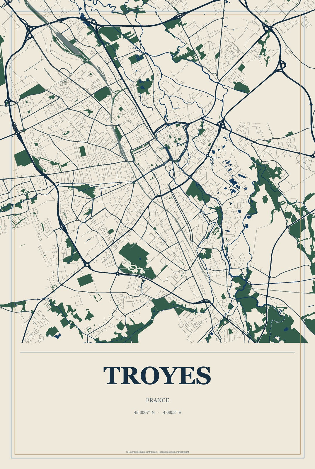 Troyes, France City Map Aluminum Sign in Coastal Cutout style