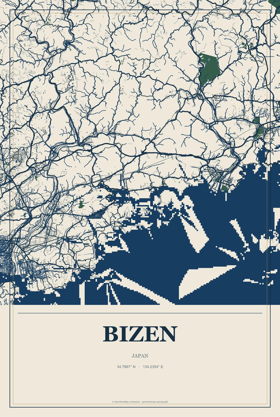 Bizen, Japan City Map Aluminum Sign in Coastal Cutout style
