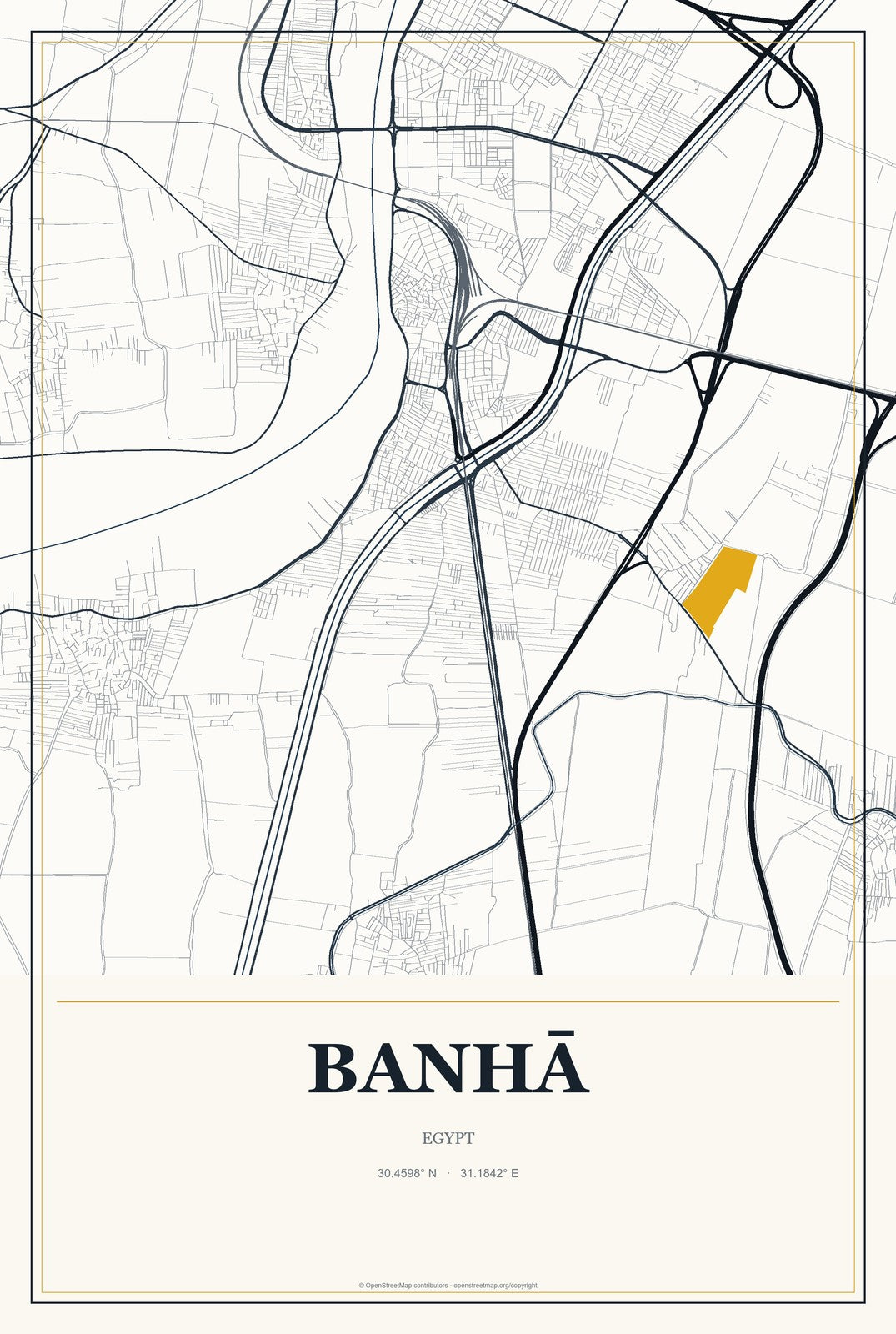 Banhā, Egypt City Map Aluminum Sign in Citrine Modern style