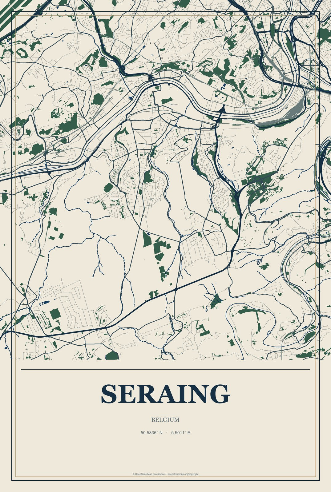 Seraing, Belgium City Map Aluminum Sign in Coastal Cutout style