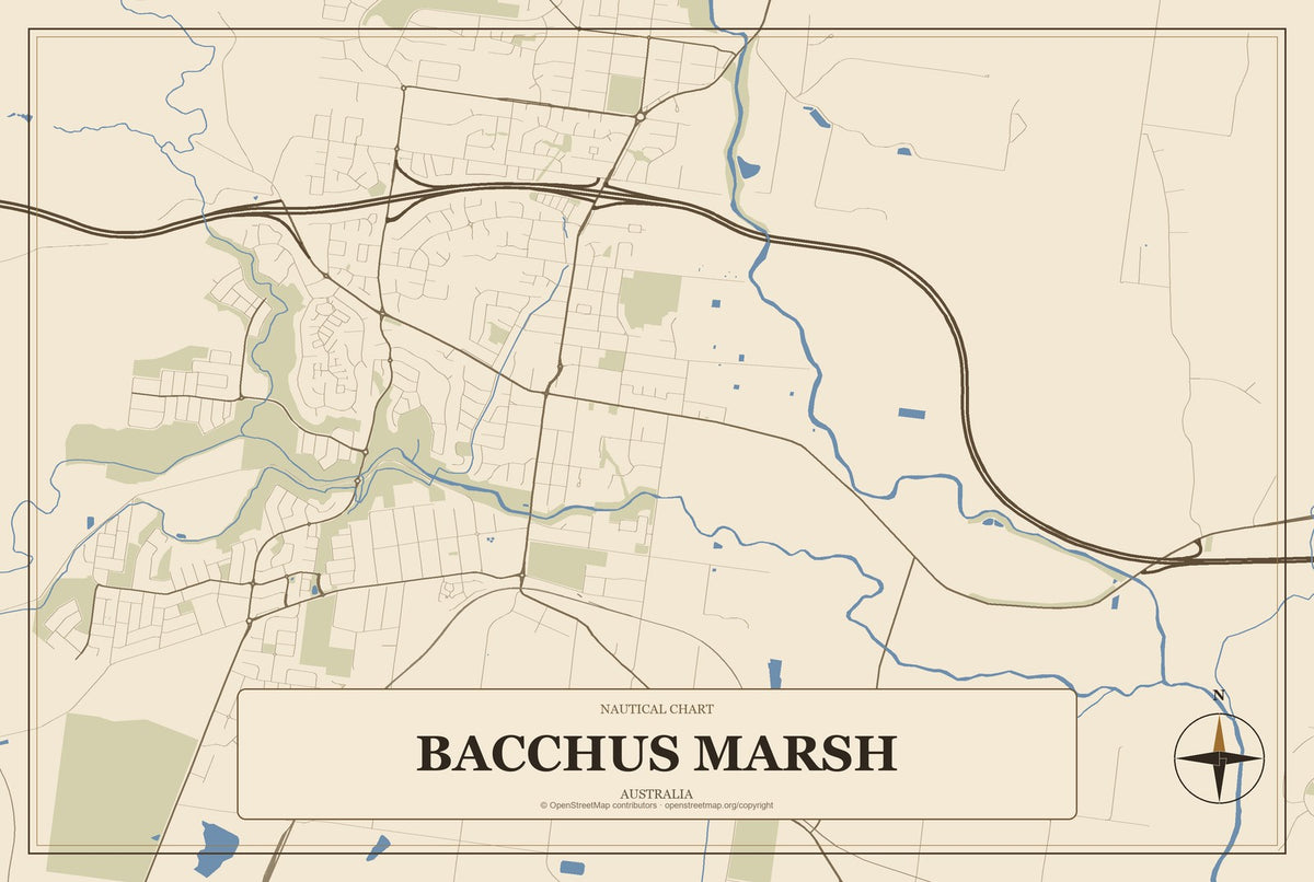 Bacchus Marsh, Australia City Map Aluminum Sign in Heritage Nautical style