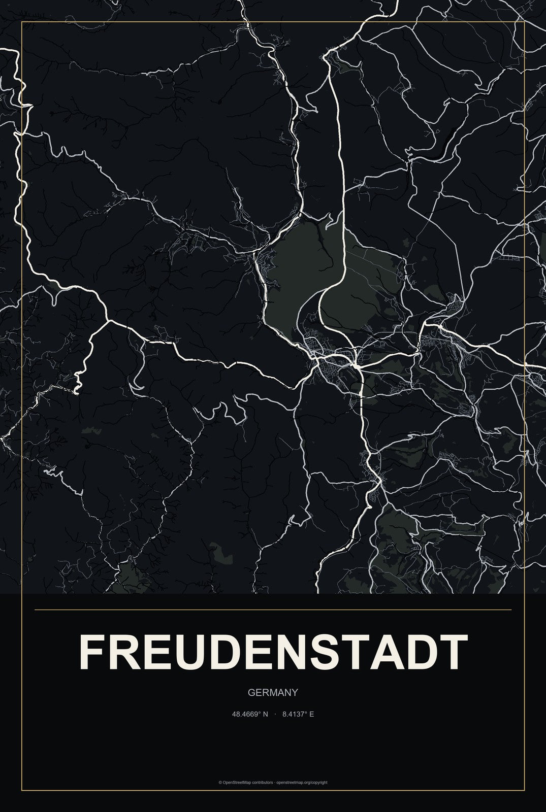 Freudenstadt, Germany City Map Aluminum Sign in Metropolitan Noir style