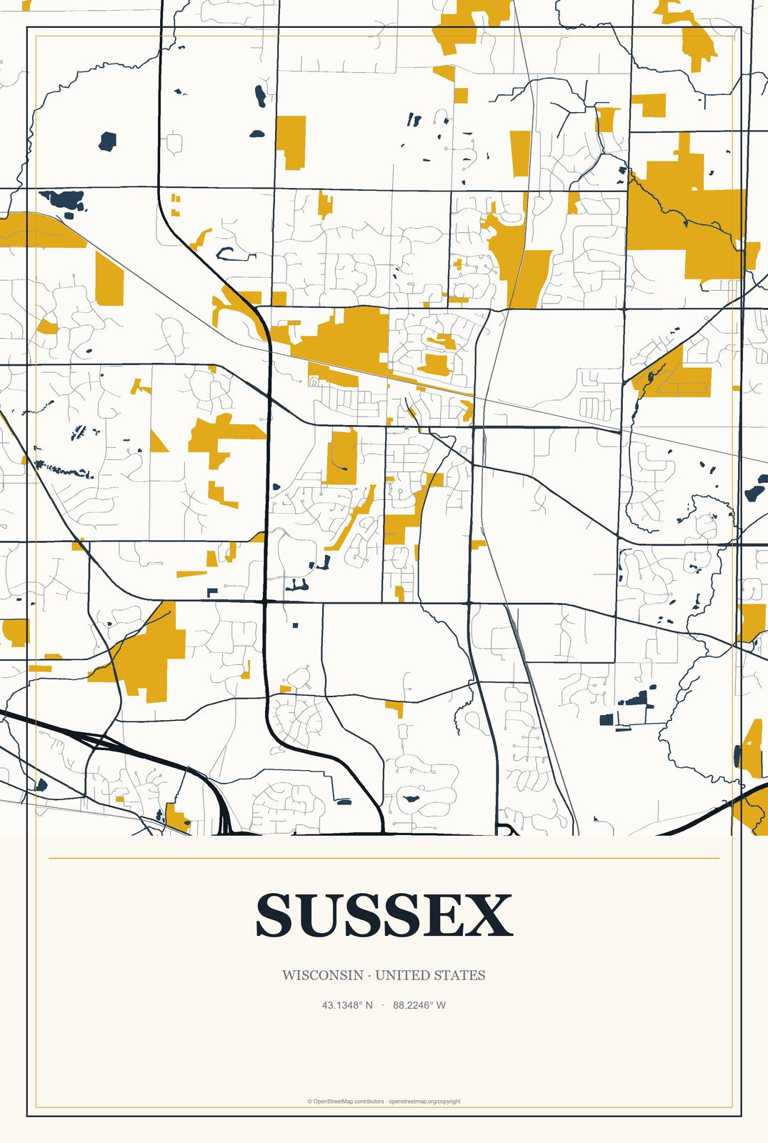 Sussex, Wisconsin City Map Aluminum Sign in Citrine Modern style