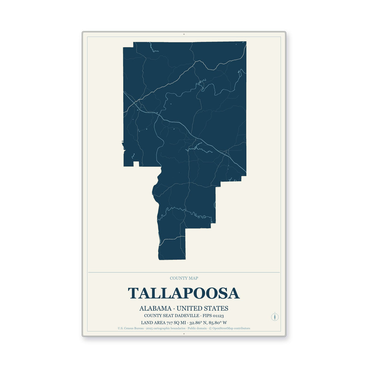 Tallapoosa County, Alabama Map Aluminum Sign in Coastal Cutout style