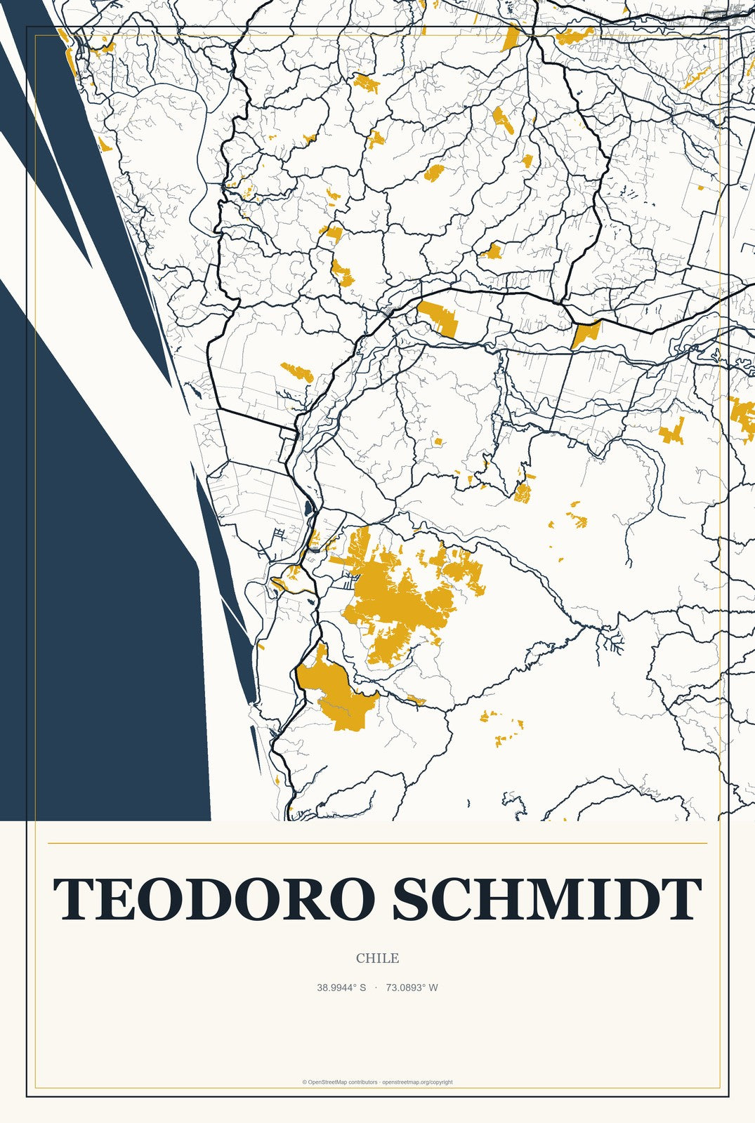 Teodoro Schmidt, Chile City Map Aluminum Sign in Citrine Modern style