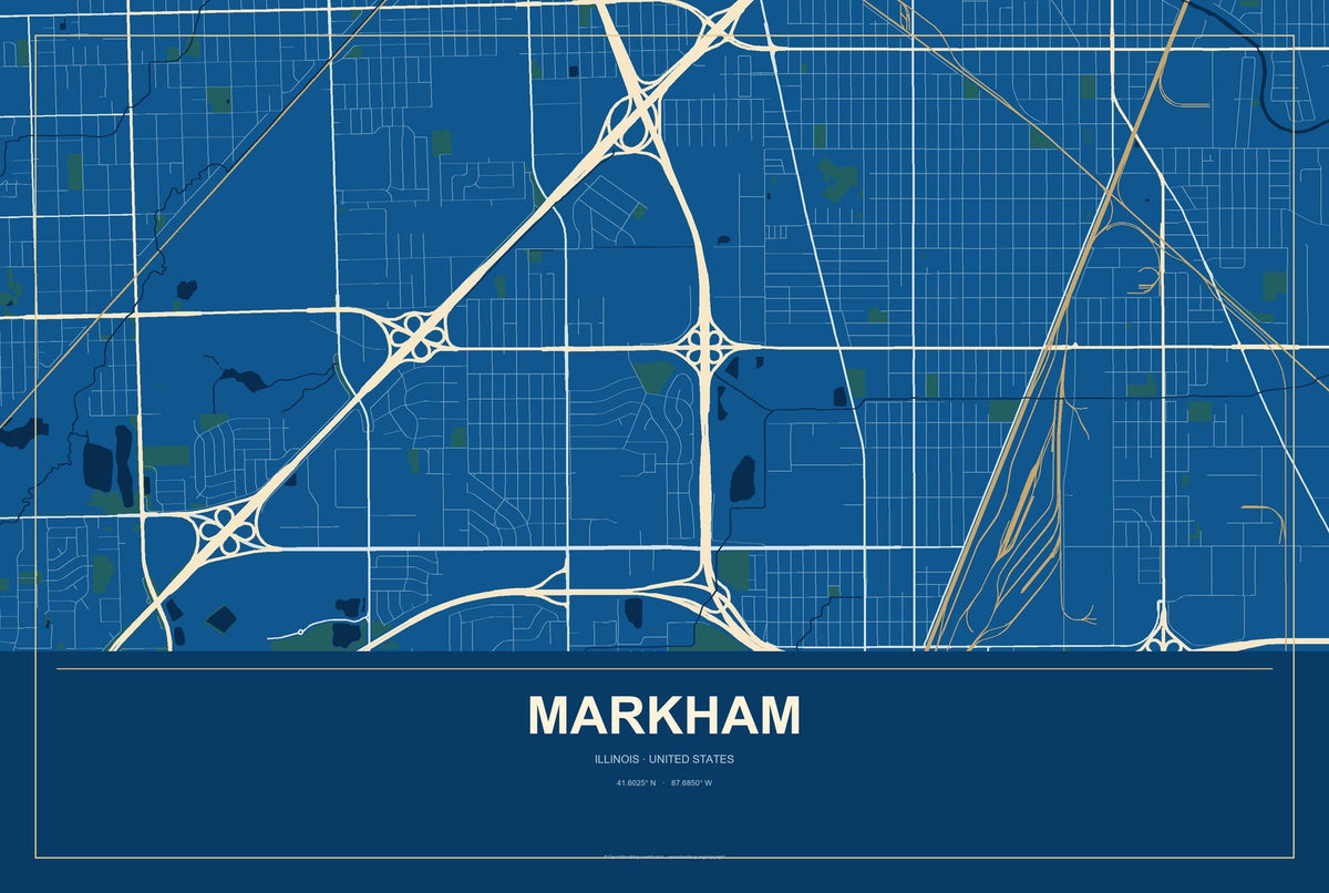 Markham, Illinois City Map Aluminum Sign in Harbor Cobalt style